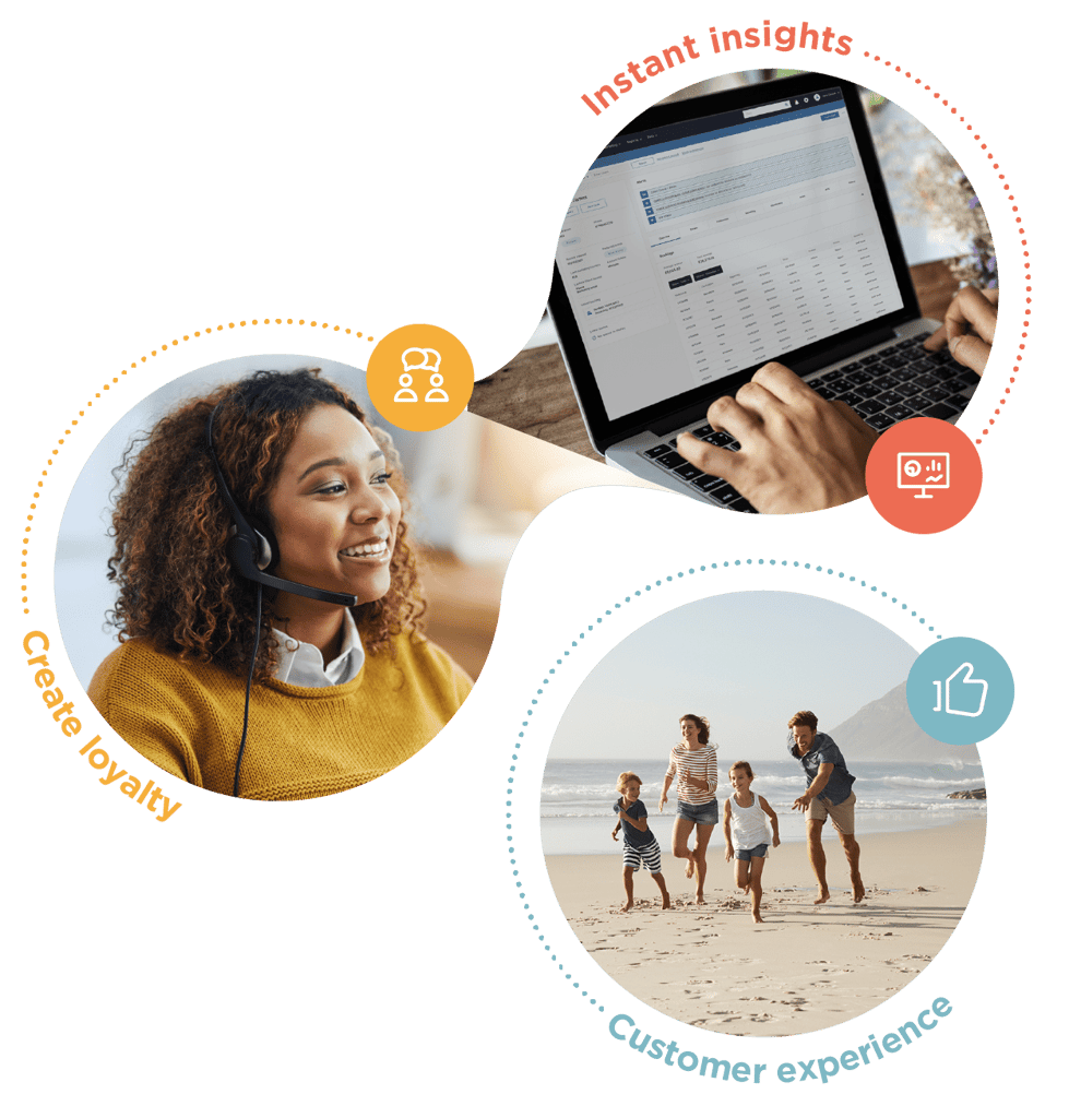 Happy woman wearing a headset. Happy family on a beach holiday. Inspiretec travel CRM client record screen. Create loyalty, Instant insights and customer experience call outs