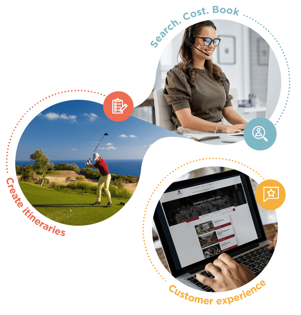 Create itineraries, customer experience, search, cost and book call outs. Man playing golf on holiday. Happy woman wearing a headset. Sports and activities website on a laptop.