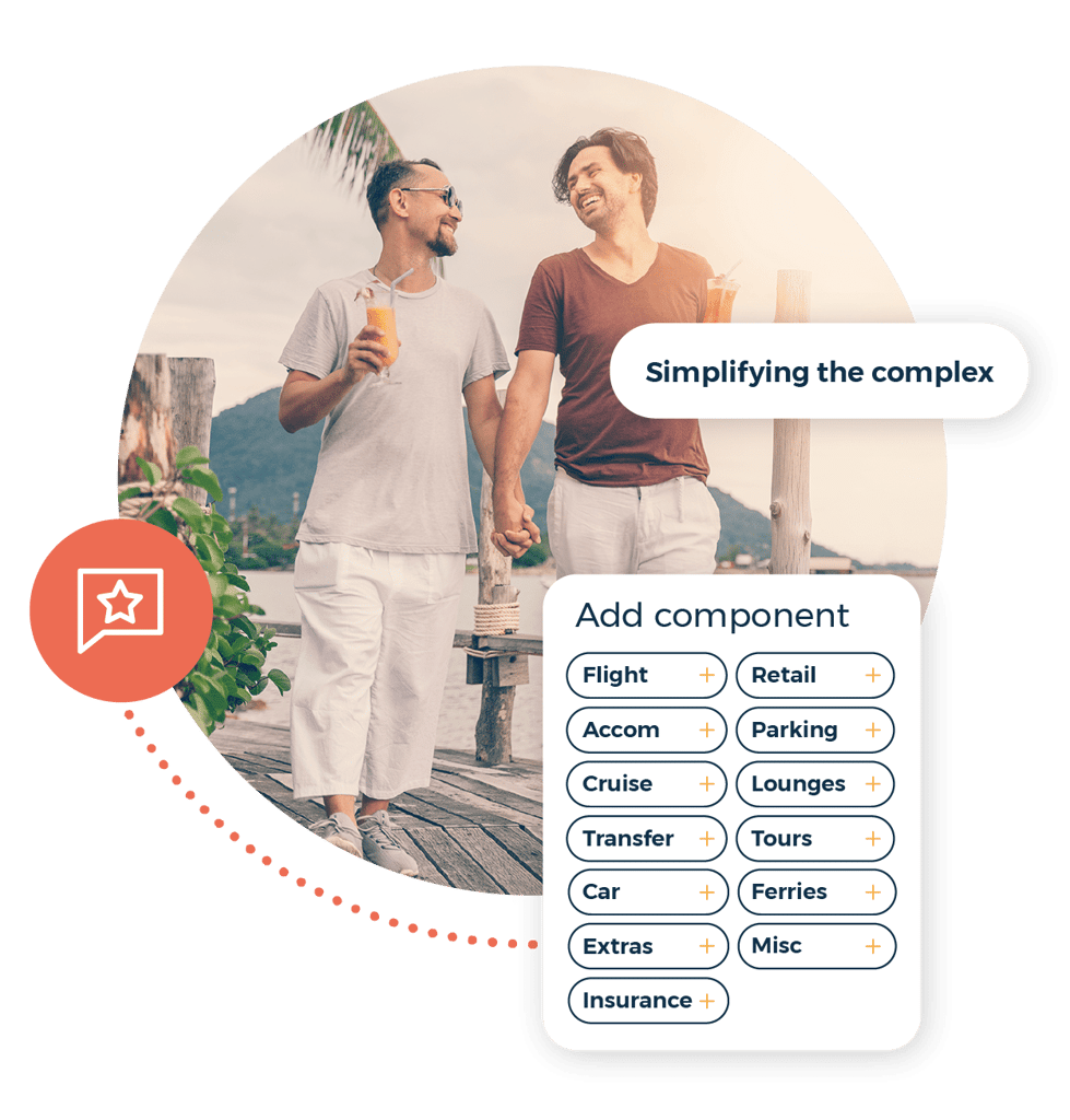 Simplifying the complex call out. Happy couple walking on holiday. Add component graphic.