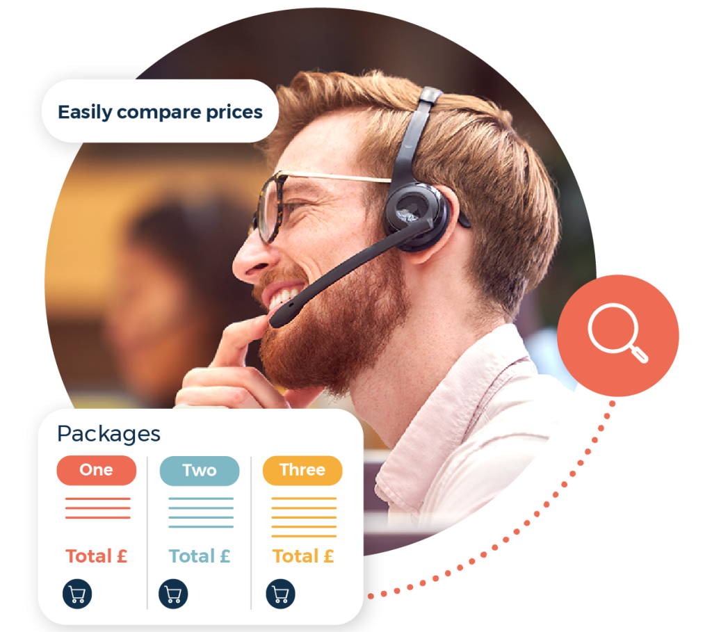 Happy man working in a call centre. Compare holiday package prices graphic. Easily compare prices call out.