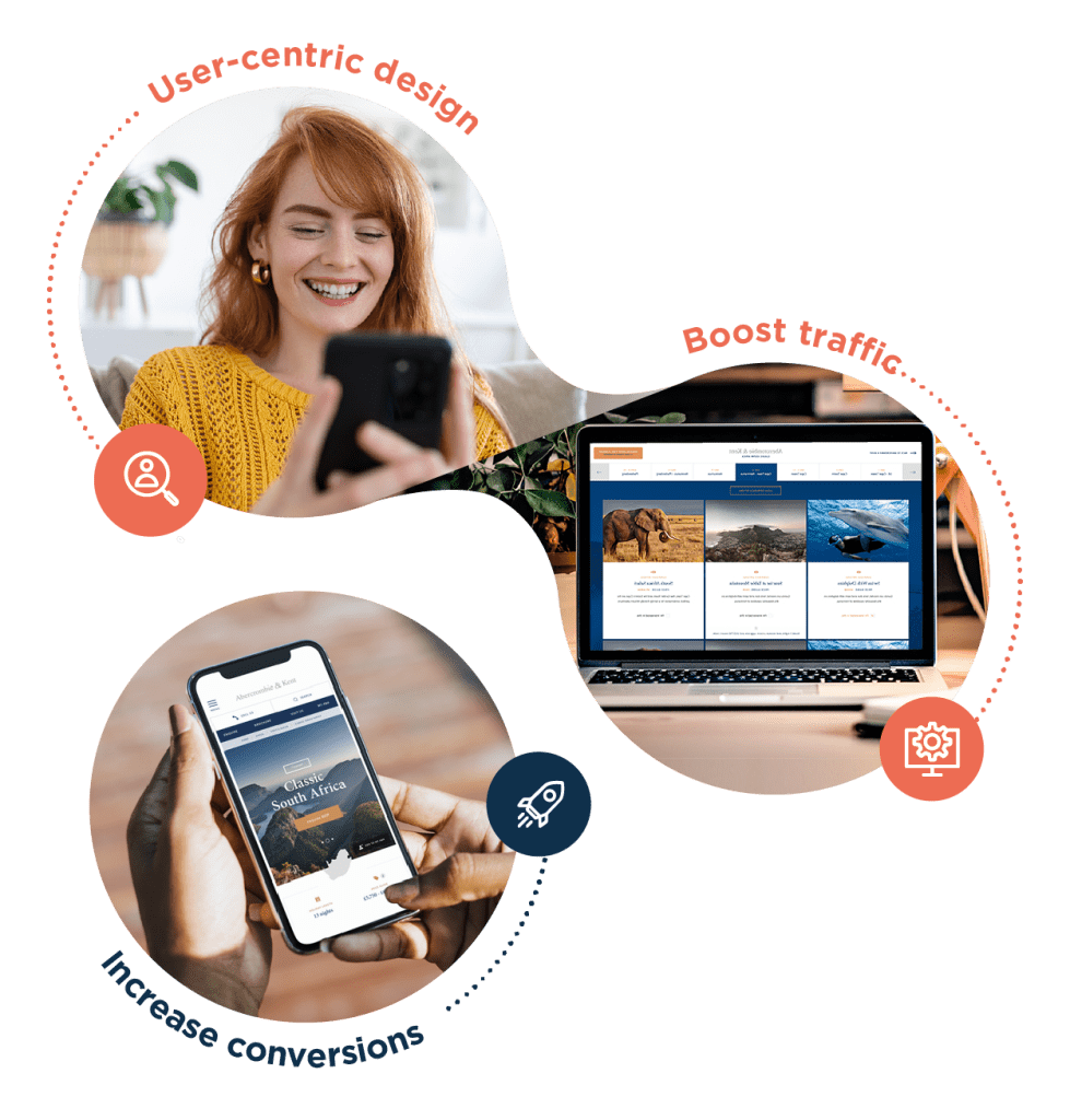 Inspiretec travel website. Happy woman looking at a mobile phone. Mobile phone with bookable travel website. Laptop with another Inspiretec bookable website.