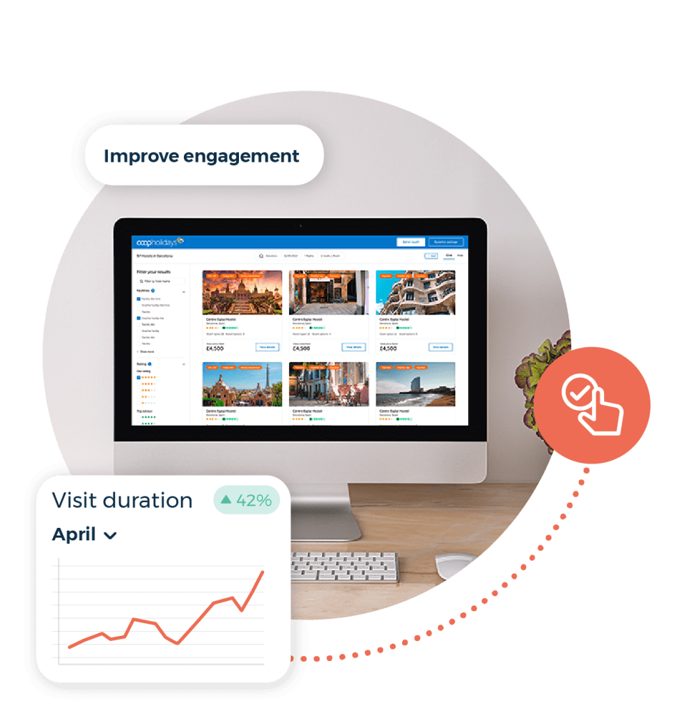 Improve engagement call out. Visit duration graph. Bookable travel website on a computer.