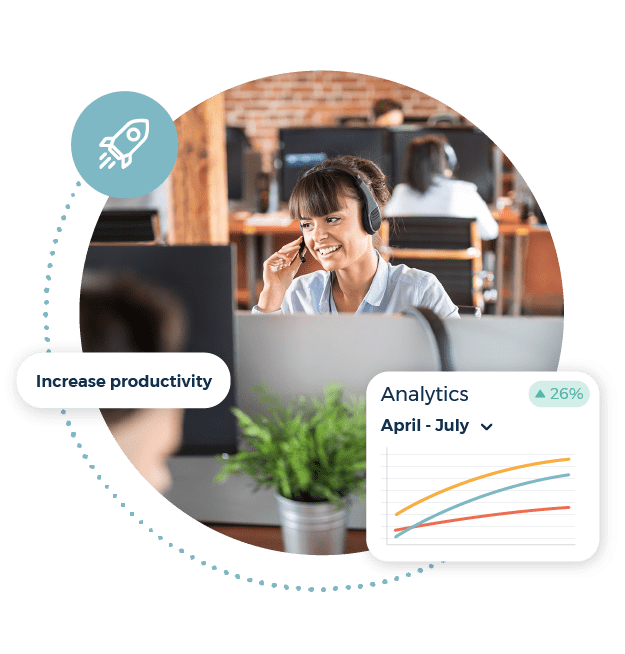 Increase productivity call out. Analytics graph. Happy woman working in a call centre.