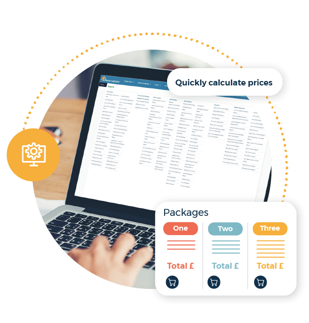 Quickly calculate prices call out. Package price comparison graphic. Inspiretec Reservations reports screen.