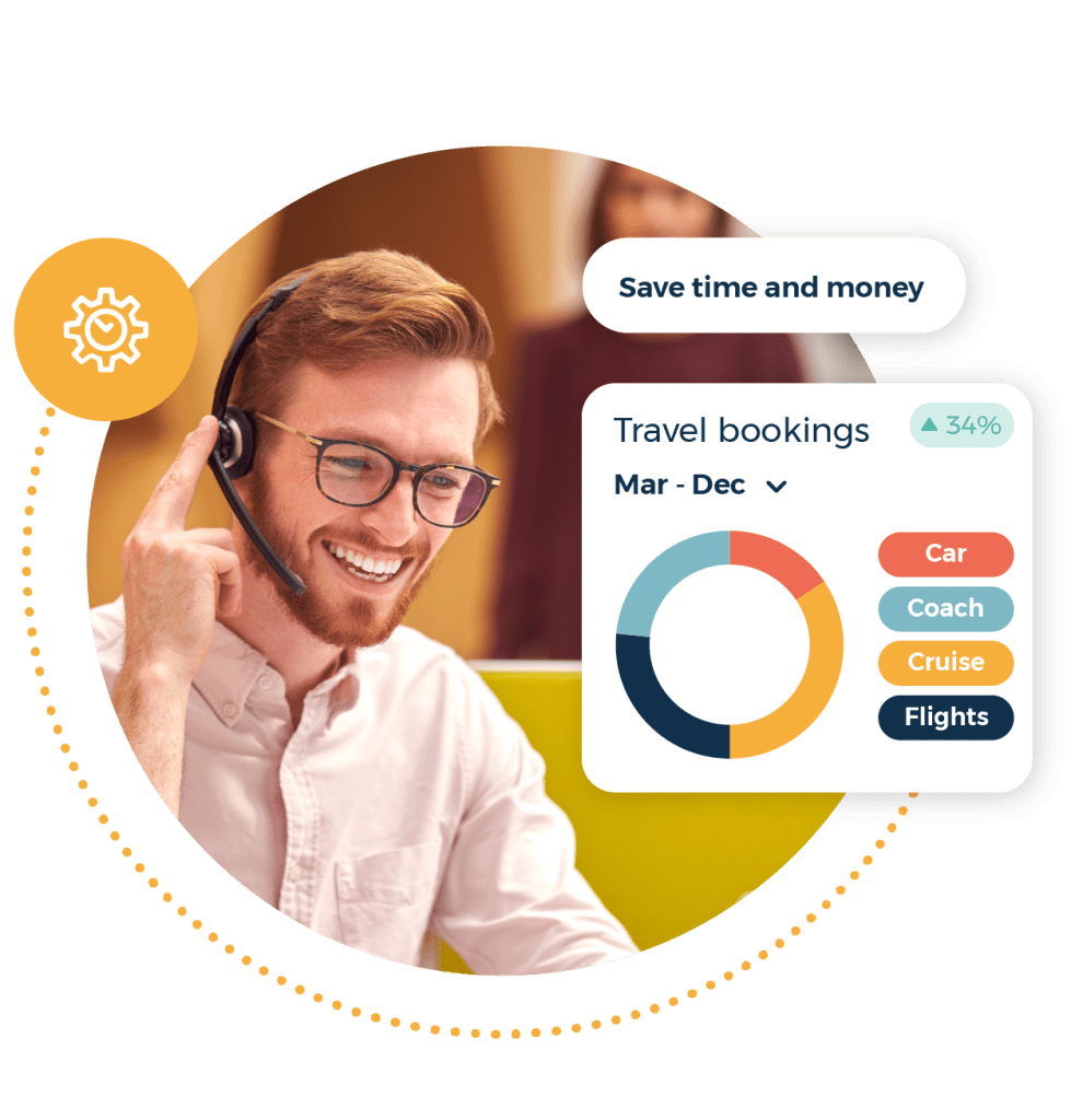 Happy man working in a call centre. Travel bookings pie chart. Save time and money call out.